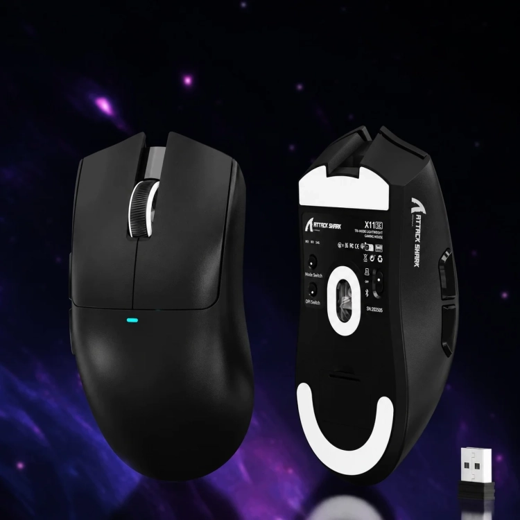 Czarna Attack Shark X11SE z góry i od spodu