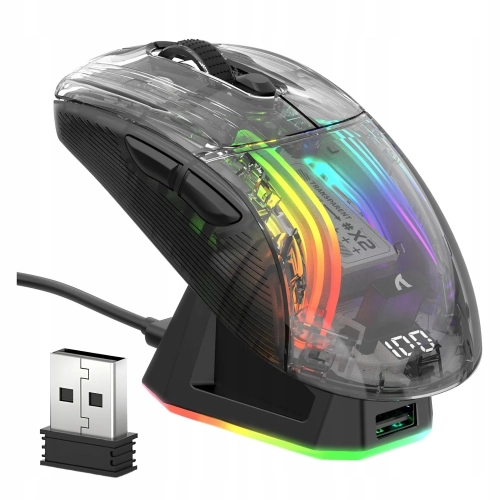 Przezroczysta mysz Attack Shark X2 PRO czarna na stacji ładującej