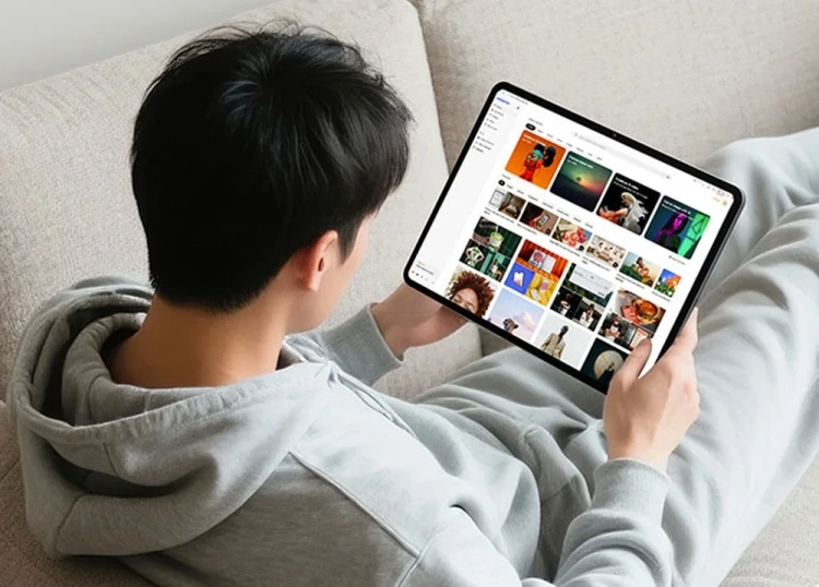 Teclast ArtPad Pro w dłoniach podczas oglądania filmu na kanapie