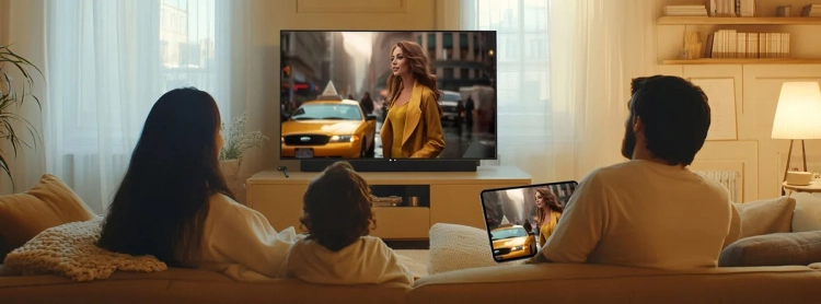 Rodzina ogląda film na tablecie Teclast T65 w salonie