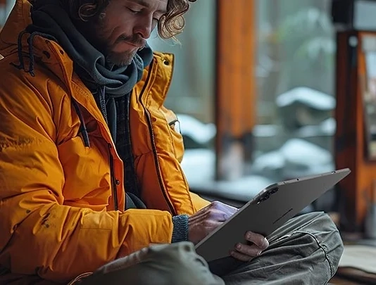 Teclast T65 z internetem 4G LTE używany w zimowej kurtce poza domem
