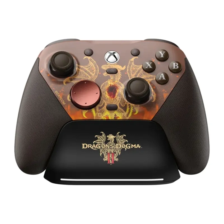 Kontroler bezprzewodowy GameSir G7 Pro DD2 na stacji ładowania z logo Dragon's Dogma 2