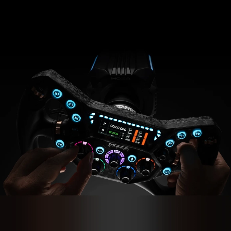 Diody obrotomierza i światła flagowe RGB kierownicy MOZA KS Pro w kokpicie