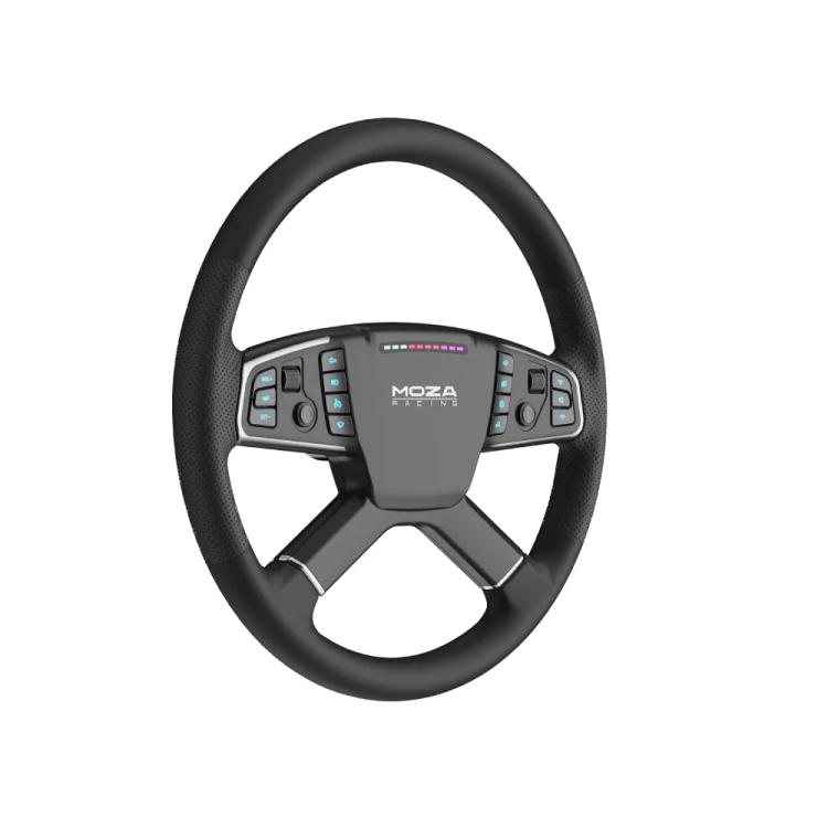 Kierownica MOZA TSW RS060 ujęcie z lewej, przyciski RGB i diody obrotomierza