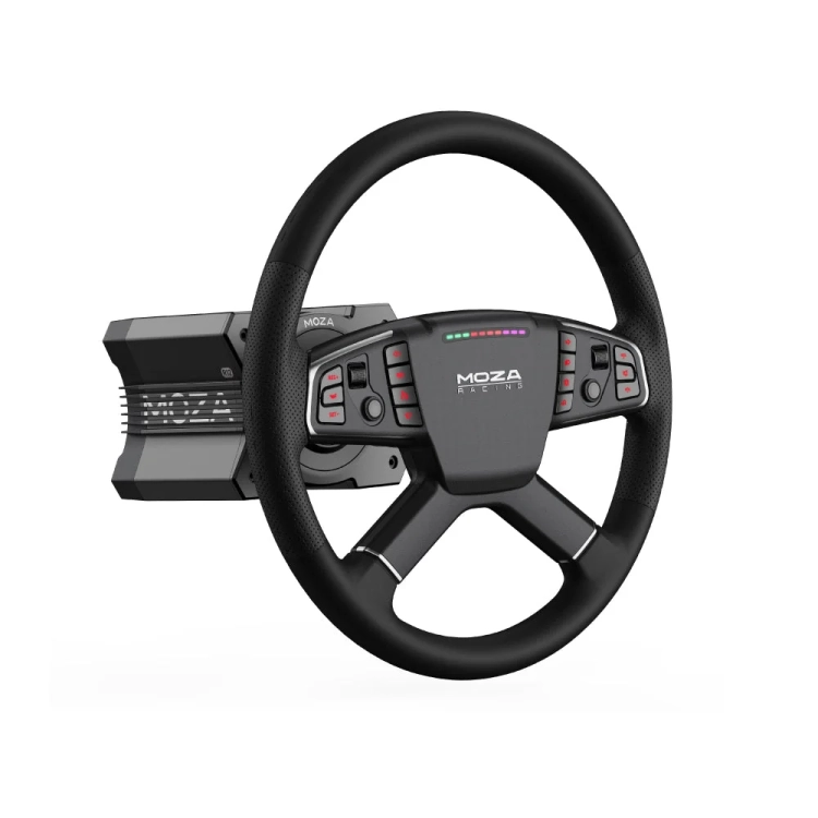 Kierownica MOZA TSW zamontowana na bazie direct drive MOZA, widok z boku