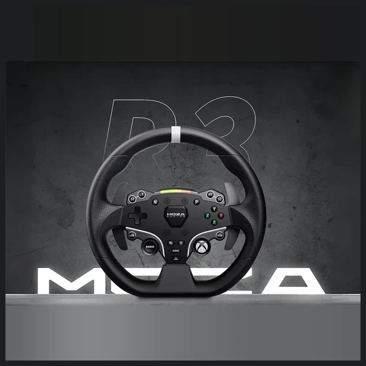 Kierownica MOZA ESX na bazie R3 na tle logo MOZA