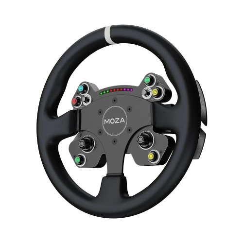 Kierownica MOZA CS V2P w skórze z mikrofibry, ujęcie z lewej strony