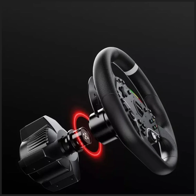 Kierownica MOZA ESX zamocowana na bazie direct drive przez Quick Release