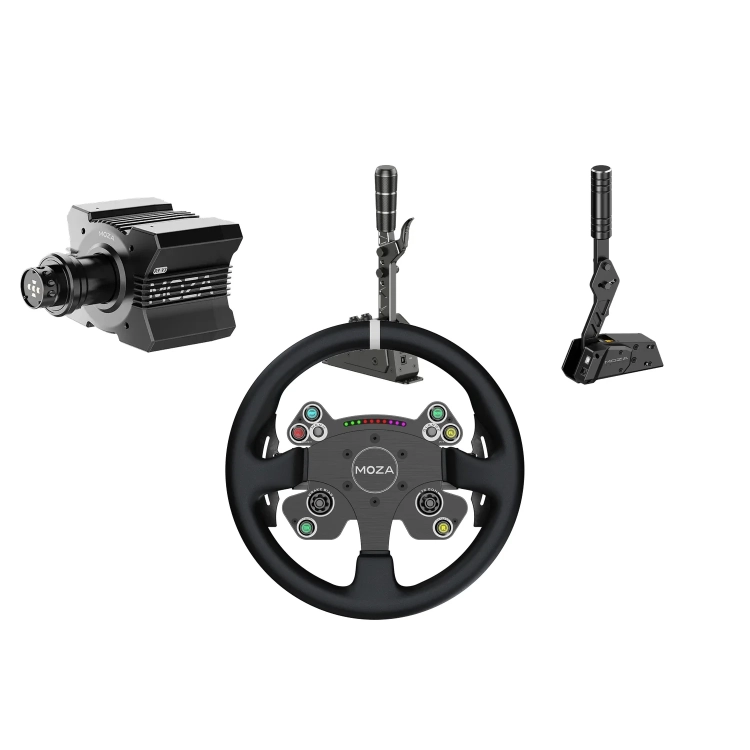 Zestaw Drift x Rally MOZA: kierownica CS V2P, baza R9 V3, skrzynia SGP i hamulec HBP