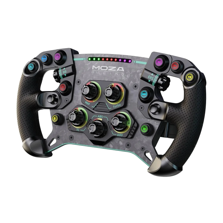 Kierownica MOZA GS V2P z przyciskami RGB i diodami RPM, ujęcie z góry