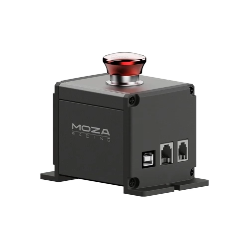 Wyłącznik MOZA E-Stop z portami USB, RJ11 i RJ9, ujęcie z boku