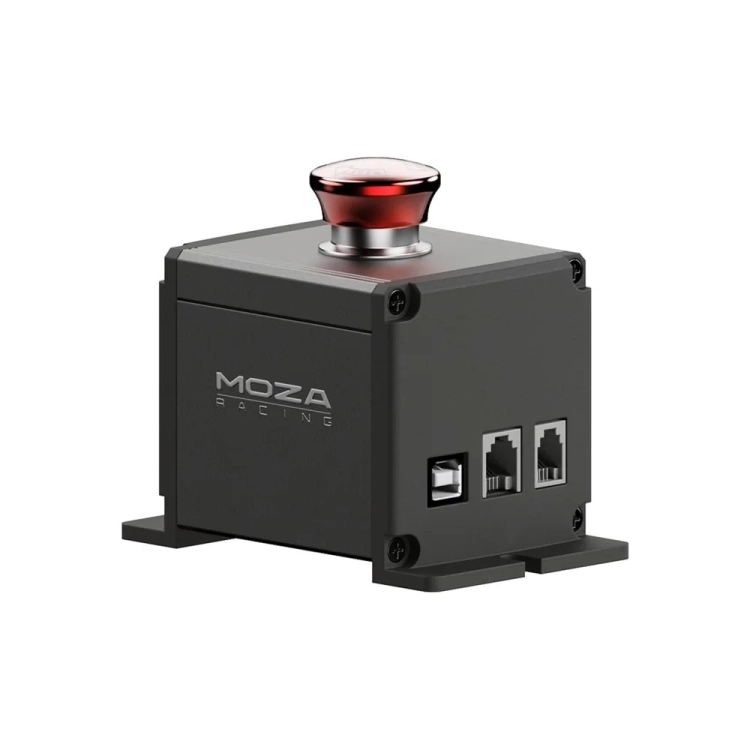 Wyłącznik MOZA E-Stop z portami USB, RJ11 i RJ9, ujęcie z boku