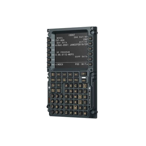 Komputer lotu MOZA MB7F FCD, replika CDU Boeinga 737, widok pod kątem