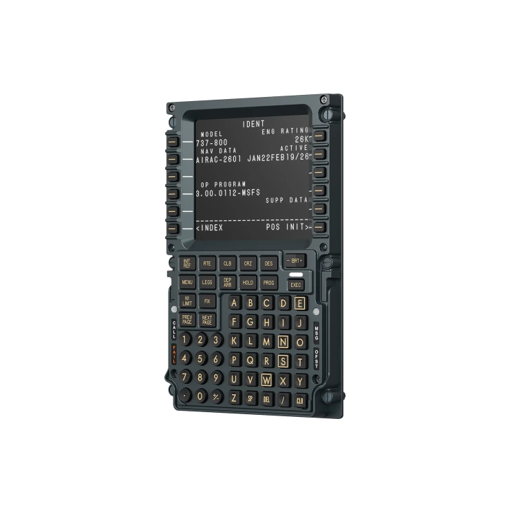Komputer lotu MOZA MB7F FCD, replika CDU Boeinga 737, widok pod kątem