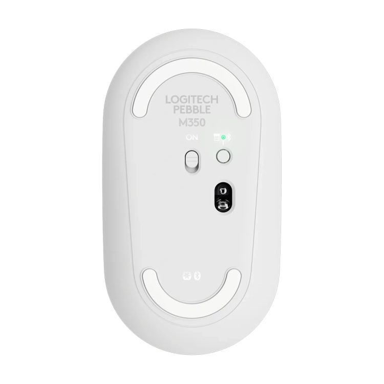Spód białej myszy Pebble M350 z przyciskiem przełączania połączenia