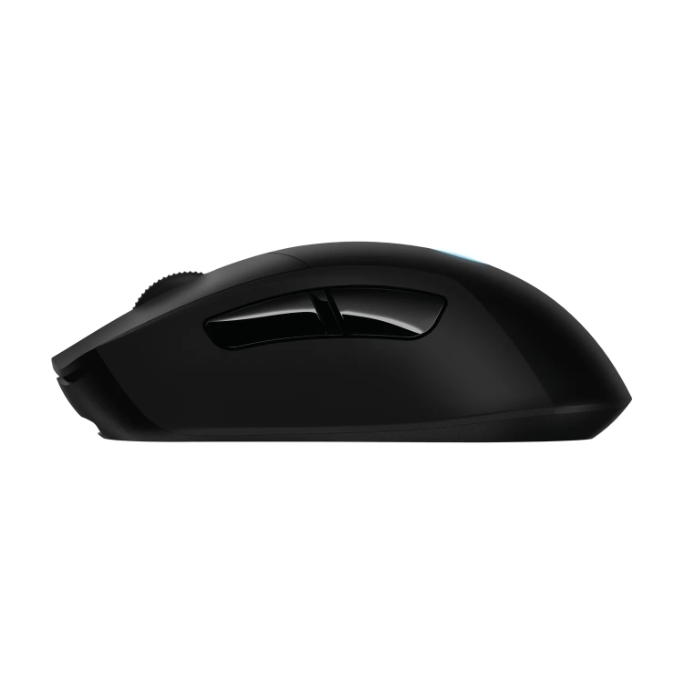 Lewy bok myszy Logitech G703 z gumowym uchwytem i przyciskami bocznymi