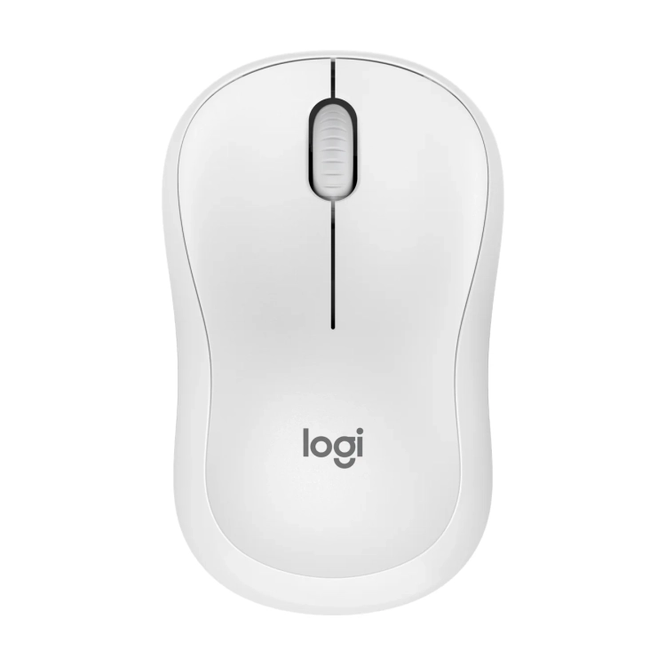 Biała Logitech M221 Silent z góry, logo logi na obudowie