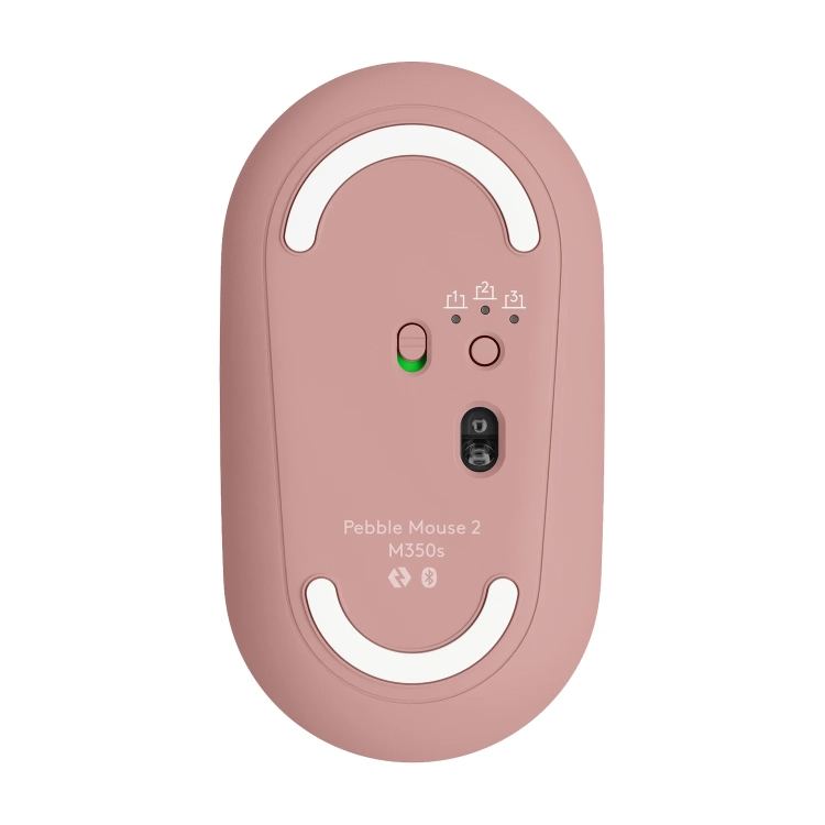 Spód różowej Logitech Pebble Mouse 2 M350s z przełącznikiem kanałów