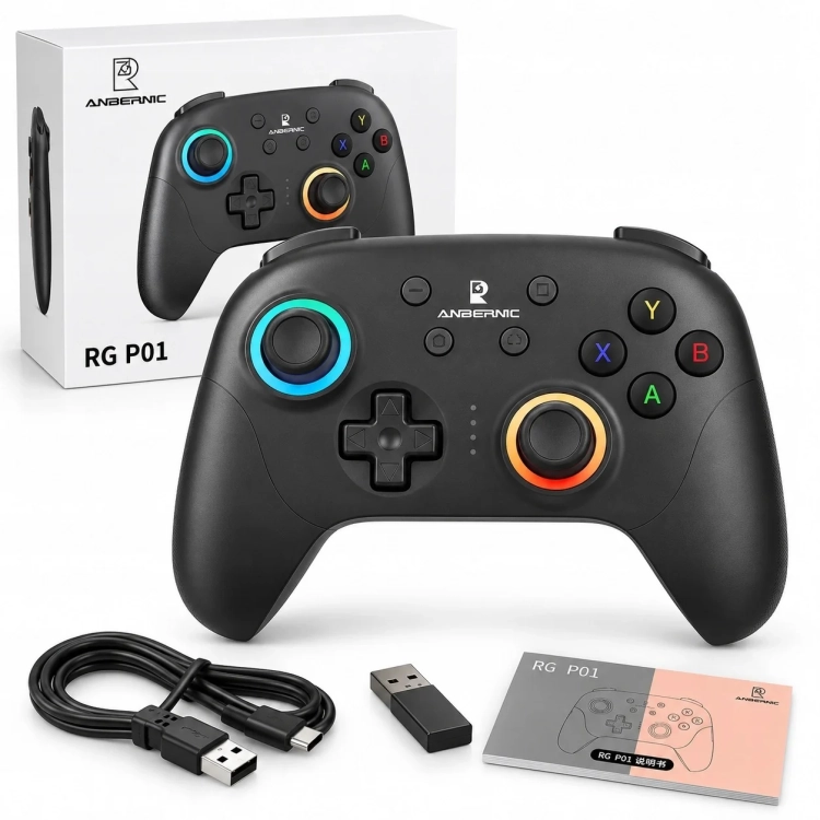 Czarny pad ANBERNIC RG P01 z pudełkiem, kablem USB-C, odbiornikiem i instrukcją