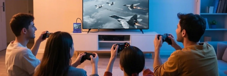 Rodzina gra na telewizorze z konsolą ANBERNIC RG34XXSP podłączoną przez HDMI
