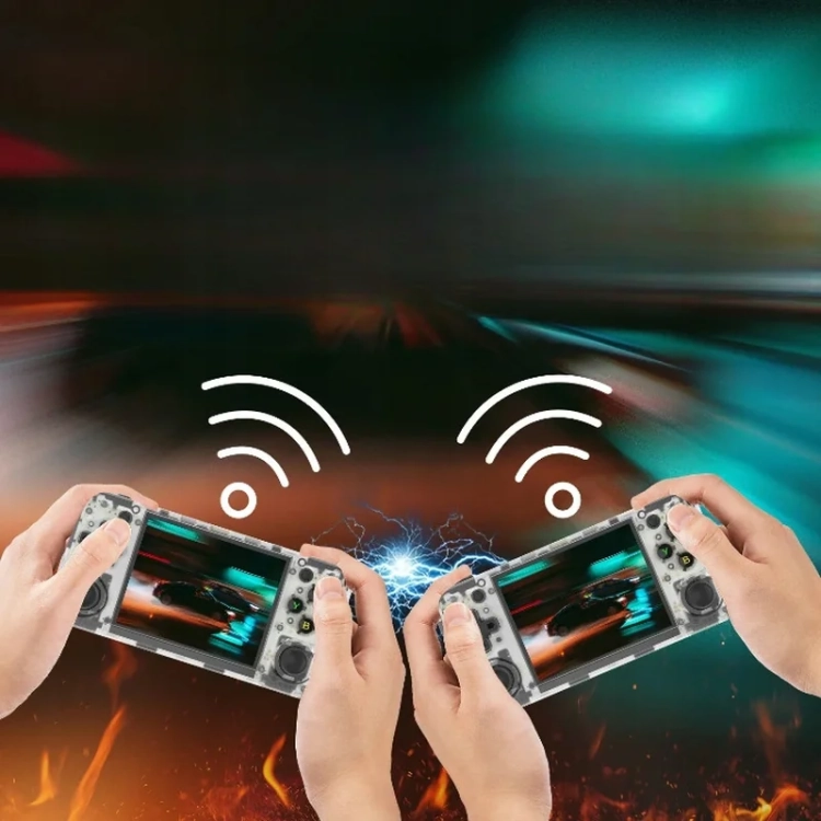 Dwie białe konsole ANBERNIC RG35XX H w grze wieloosobowej przez Wi-Fi