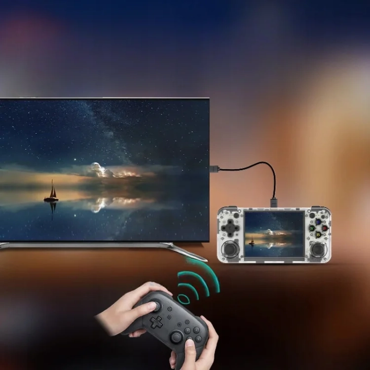 ANBERNIC RG35XX H podłączona kablem do telewizora, gra padem bezprzewodowym
