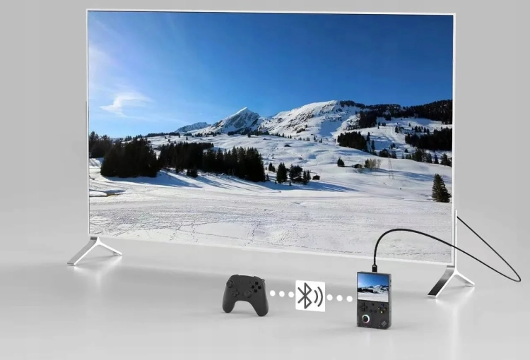 ANBERNIC RG40XX V podłączona do telewizora z padem bezprzewodowym