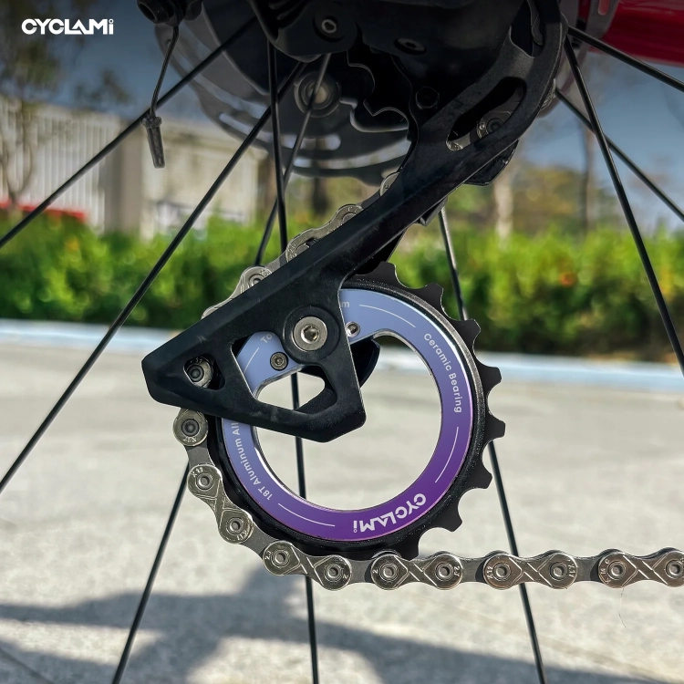 Przerzutka z kółkiem CYCLAMI 18T na rowerze w plenerze