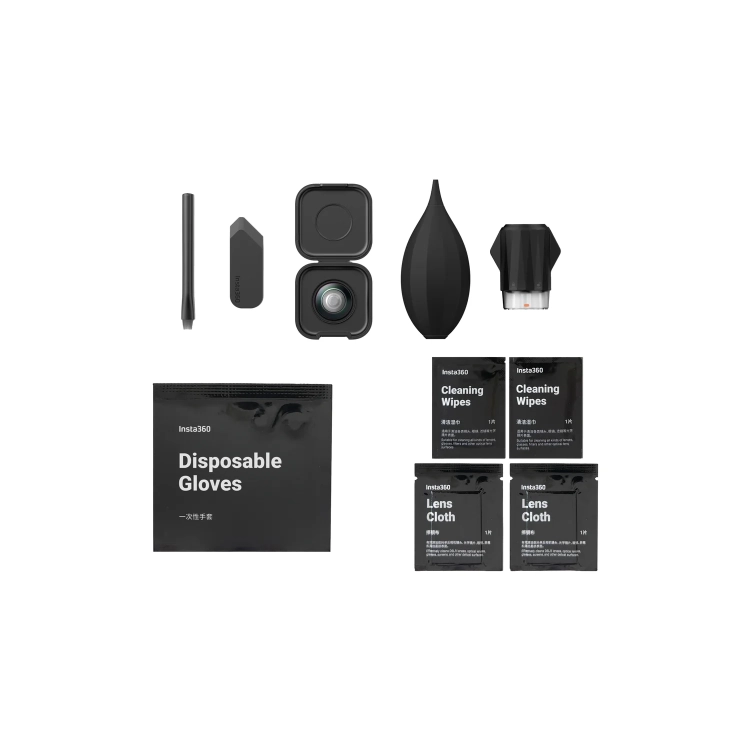 Zawartość Insta360 X5 Replacement Lens Kit: soczewka w etui, narzędzia, rękawiczki i chusteczki