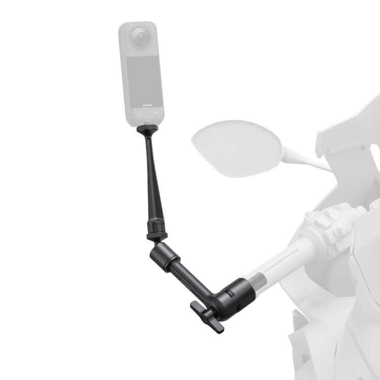 Insta360 Motorcycle Magic Arm zamocowany w końcówce kierownicy, schemat
