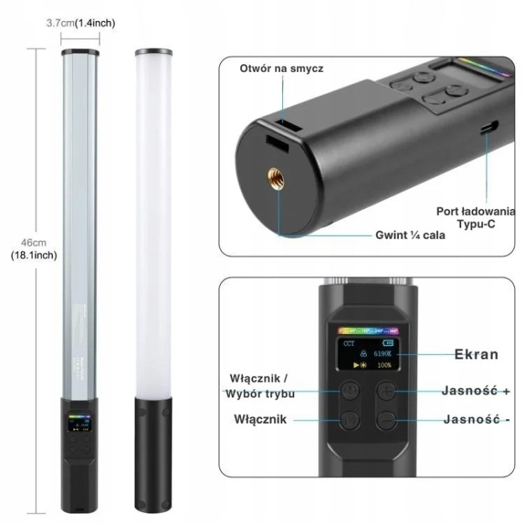 Wymiary i przyciski lampy PULUZ PU4140: 46 cm długości, gwint 1/4 cala, port USB-C