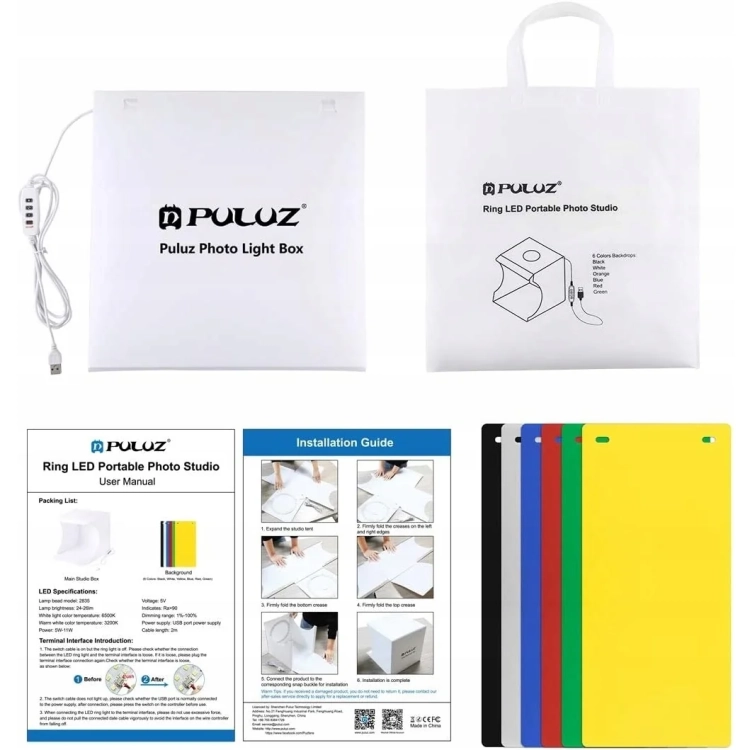 Zestaw PULUZ PU5030: namiot, torba, kabel USB ze ściemniaczem, tła i instrukcja