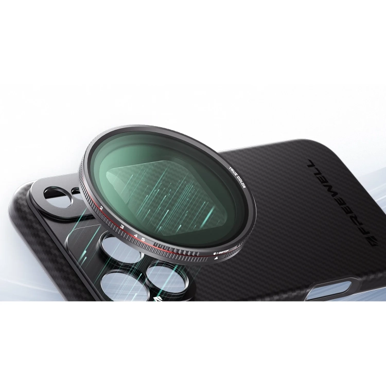 Filtr Freewell Sherpa przypięty magnesem do etui iPhone 17 Pro Max