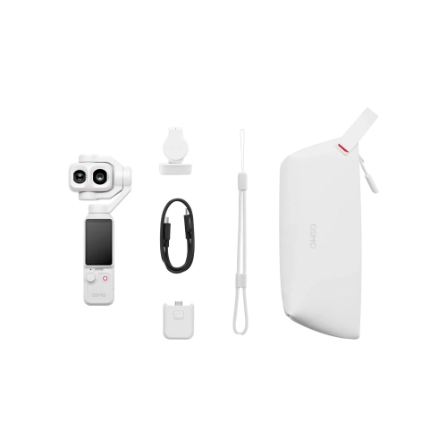 Zestaw DJI Osmo Pocket 4P Standard Combo Pearl White rozłożony na białym tle