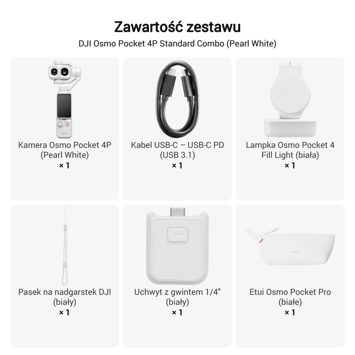 Zawartość zestawu DJI Osmo Pocket 4P Standard Combo Pearl White z podpisami
