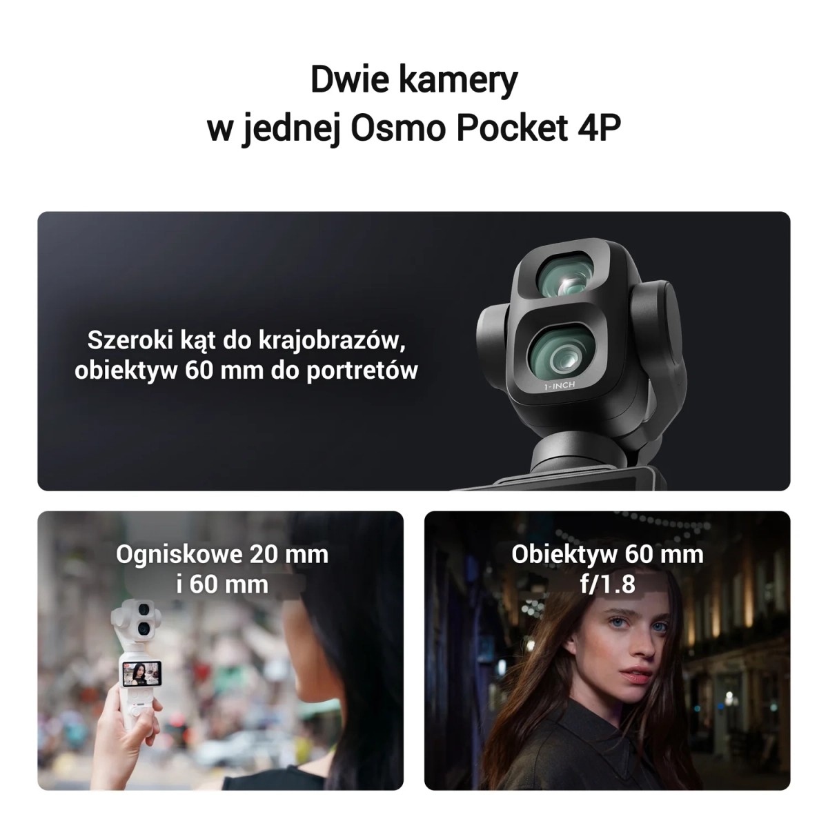 Kamera 20 mm z matrycą 1 cal i obiektyw 60 mm f/1.8 w DJI Osmo Pocket 4P Pearl White