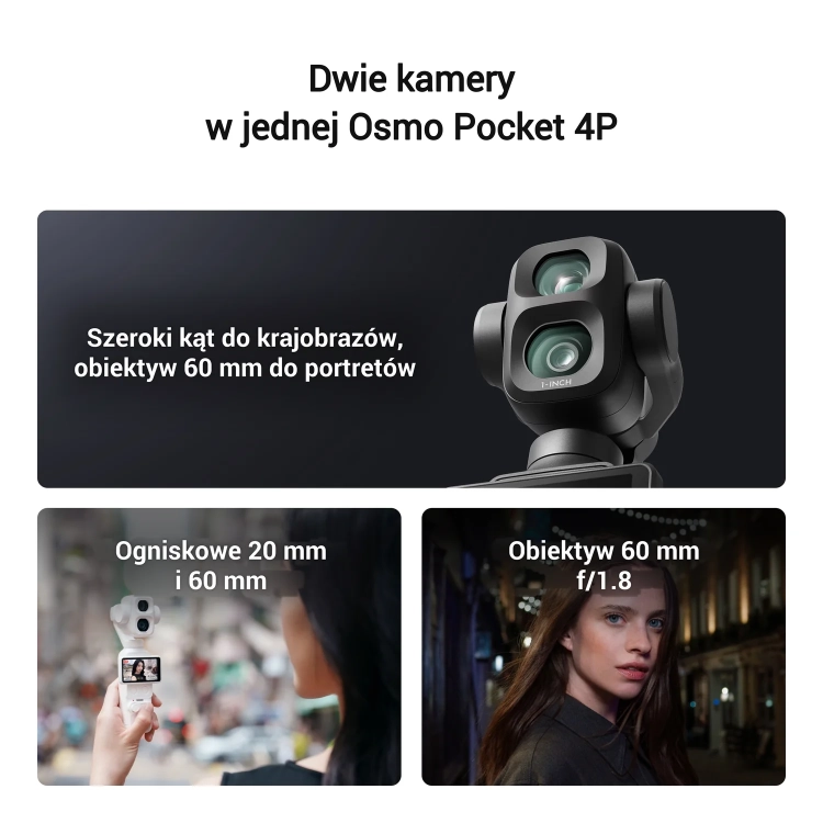 Kamera 20 mm z matrycą 1 cal i obiektyw 60 mm f/1.8 w DJI Osmo Pocket 4P Pearl White