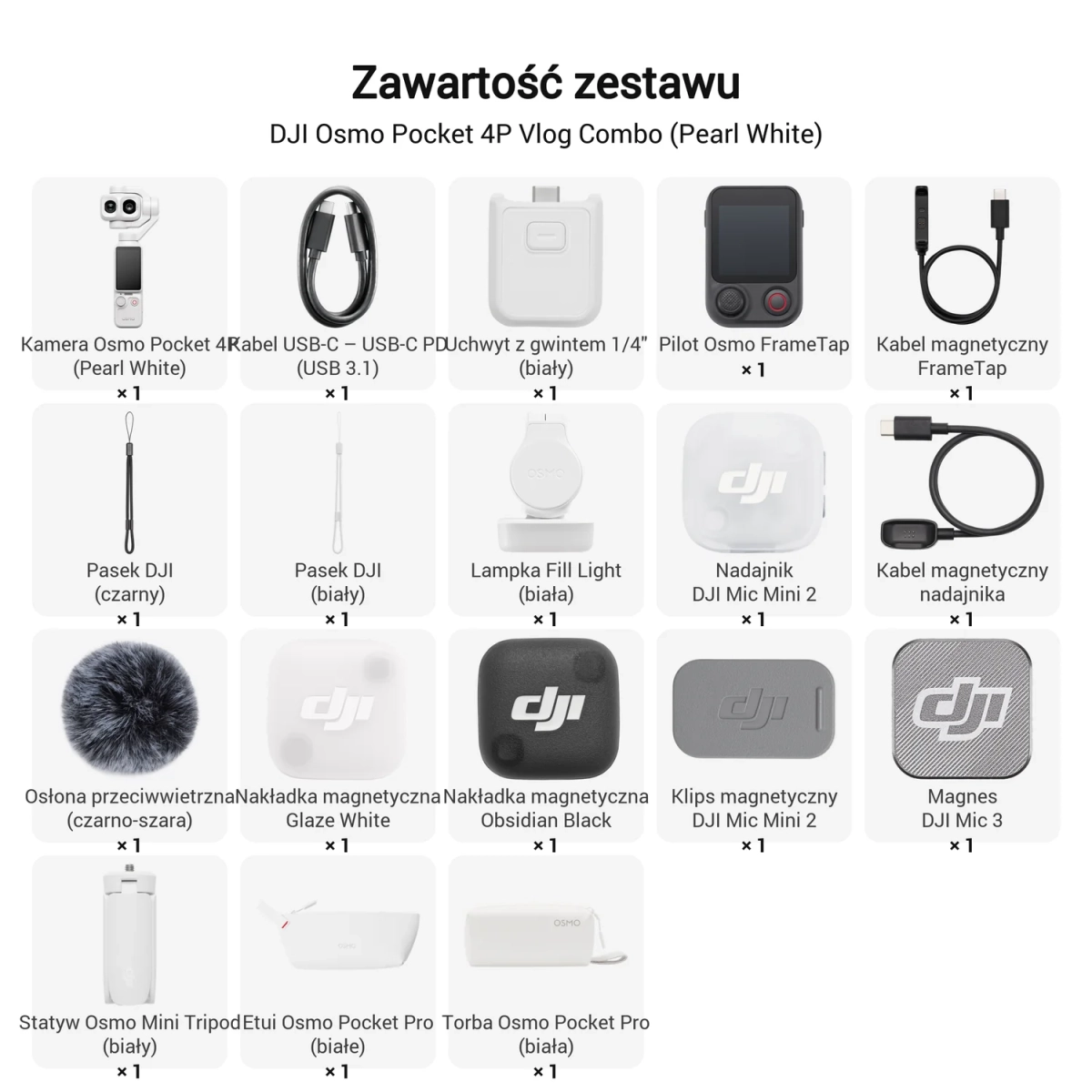 Zawartość zestawu DJI Osmo Pocket 4P Vlog Combo Pearl White, 18 elementów z podpisami