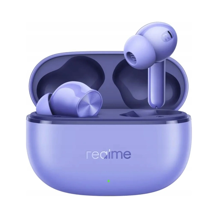 Otwarte fioletowe etui realme Buds T200 Lite ze słuchawkami w gniazdach