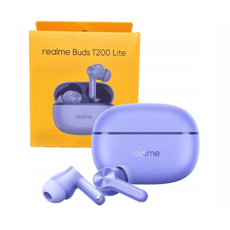 Pudełko realme Buds T200 Lite z etui i parą fioletowych słuchawek na wierzchu