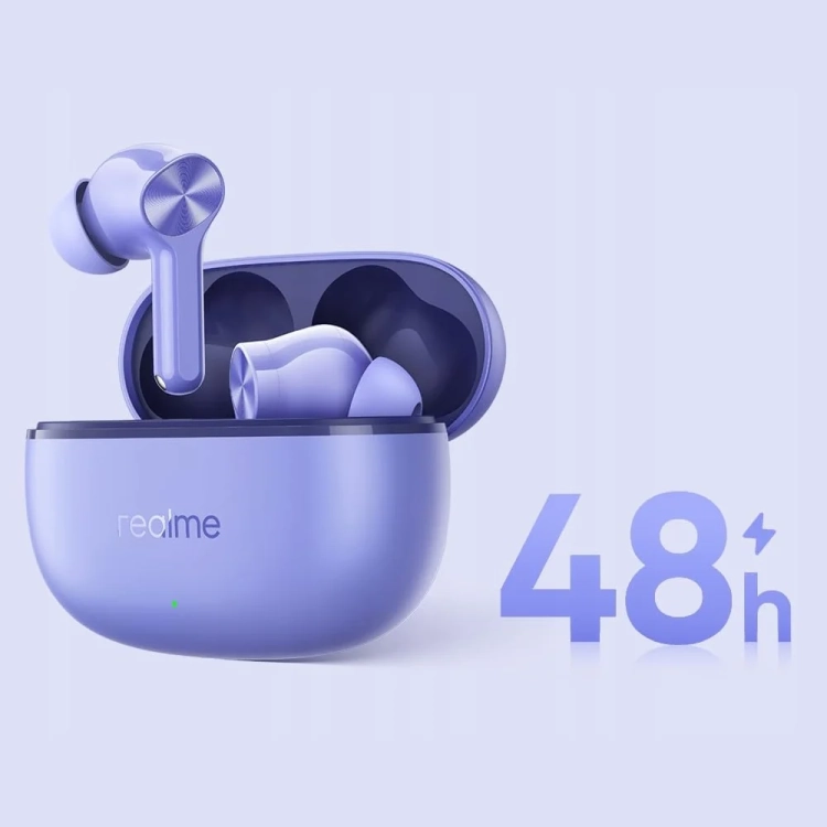 Fioletowe etui realme Buds T200 Lite z oznaczeniem 48 h czasu odtwarzania