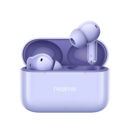 Słuchawki realme Buds T200 fioletowe w otwartym etui ładującym