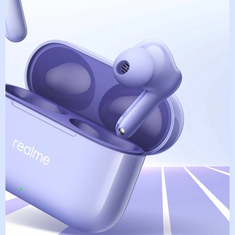 Fioletowe etui realme Buds T200 z boku, słuchawki w gniazdach ładowania