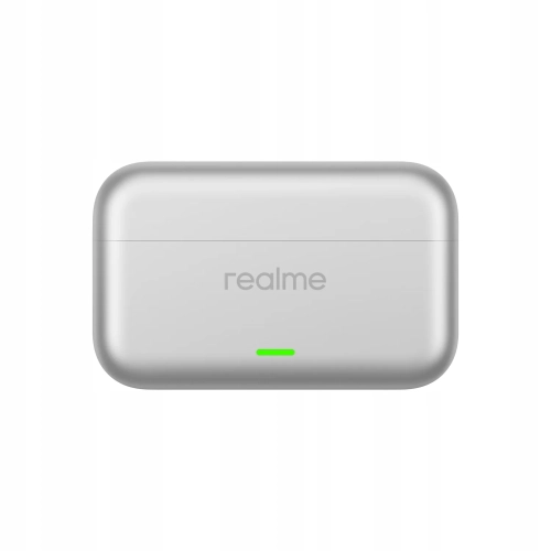 Zamknięte srebrne etui realme Buds T500 Pro z zieloną diodą