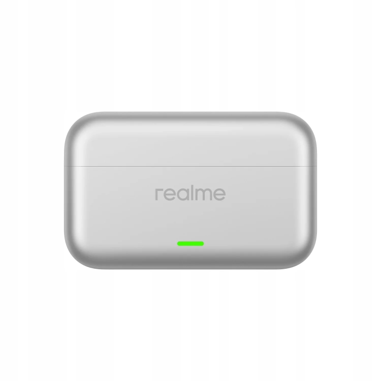 Zamknięte srebrne etui realme Buds T500 Pro z zieloną diodą