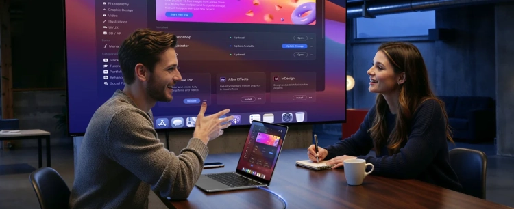 Tablet na stole w sali spotkań, kabel UGREEN CM556 do ekranu
