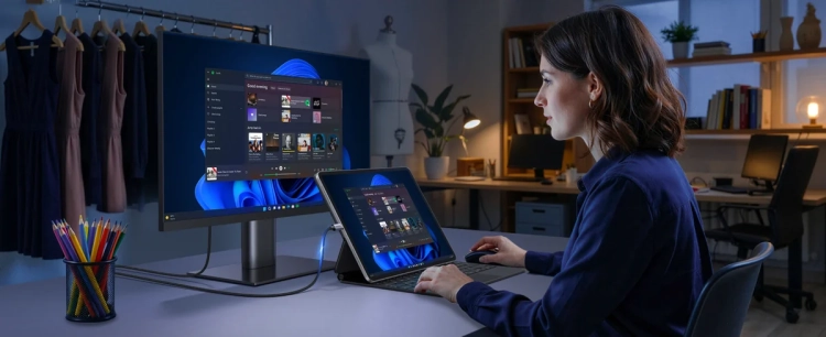Tablet przy monitorze na biurku, połączenie kablem UGREEN CM556 2 m