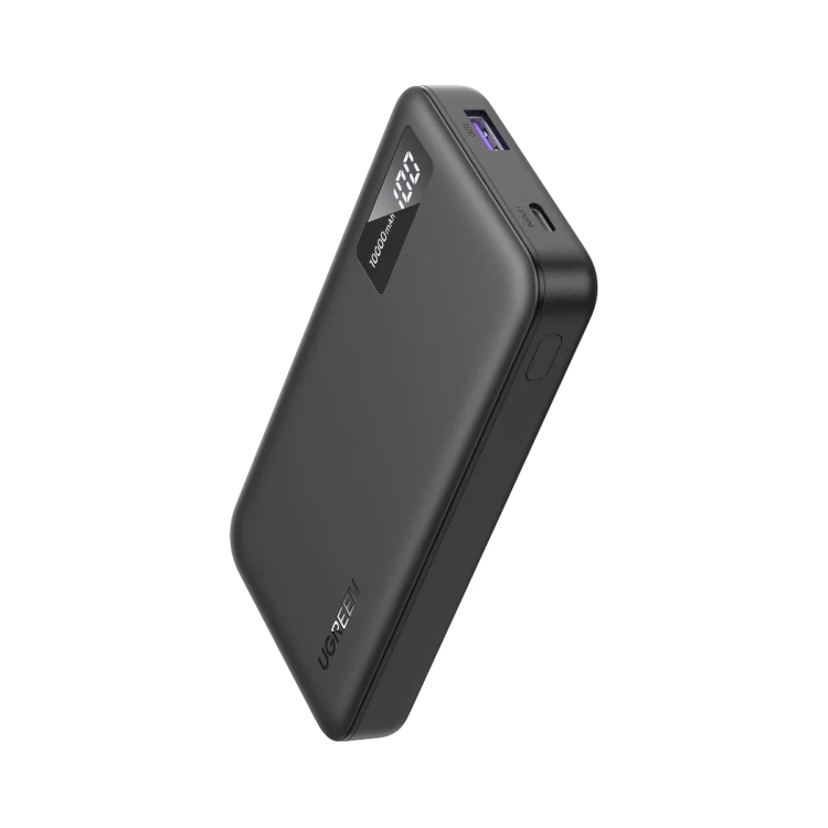 Czarny powerbank UGREEN PB311 widziany z boku z portami USB