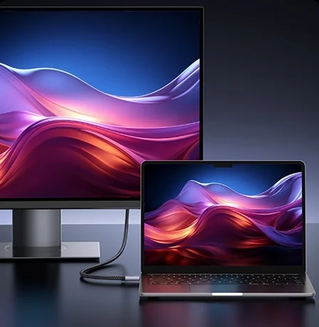 Laptop pod monitorem połączony kablem HDMI 2.1 UGREEN HD171 na biurku