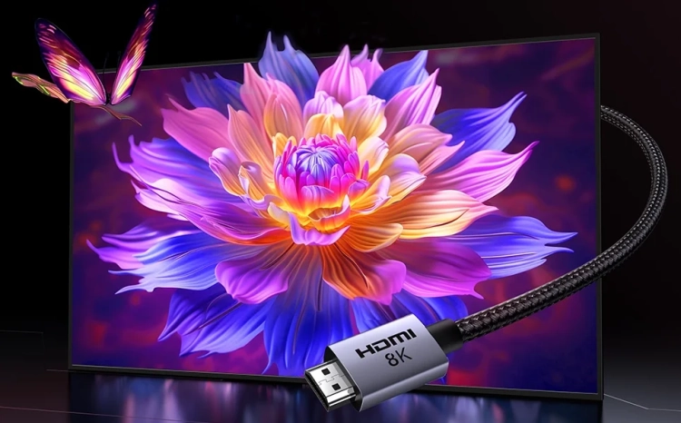 Telewizor z barwnym kwiatem na ekranie i wtyk HDMI 8K kabla UGREEN